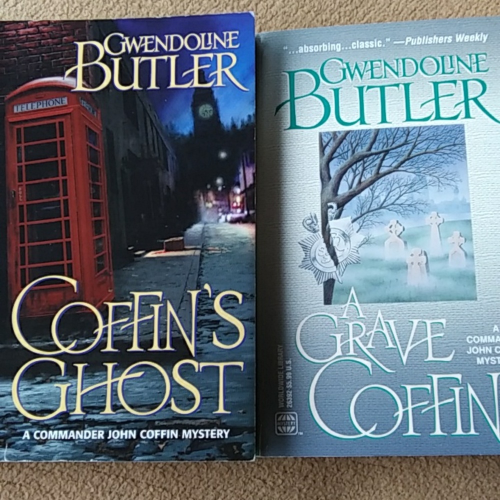 Gwendoline Butler's "Coffin's Ghost" and "A Grave Coffin" paperback books